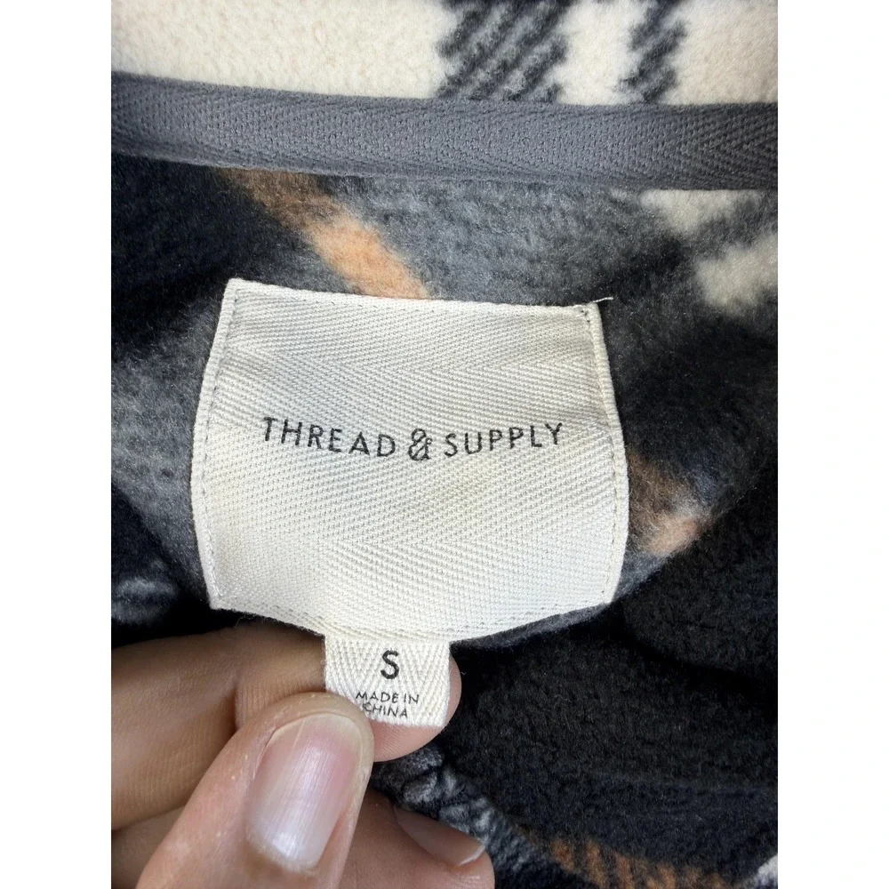Thread & Supply Jacket Womens Small Black Copper Plaid Fleece Button Up Cropped